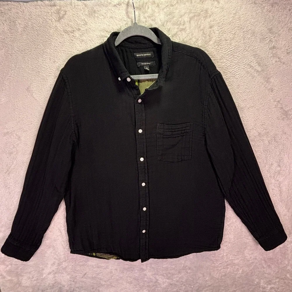 Banana Republic Mens Shirt XL Black Plaid Lining Untucked Slim Fit Long Sleeve